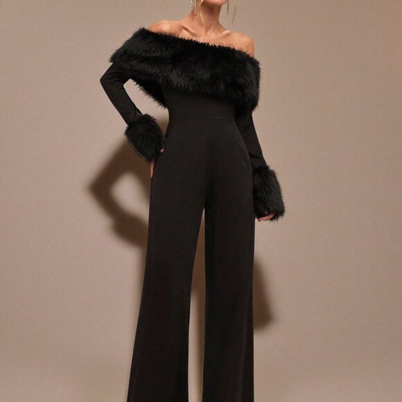 Black Party Women's Off Shoulder Fuzzy Long Sleeve Jumpsuit - Picture 6 of 7